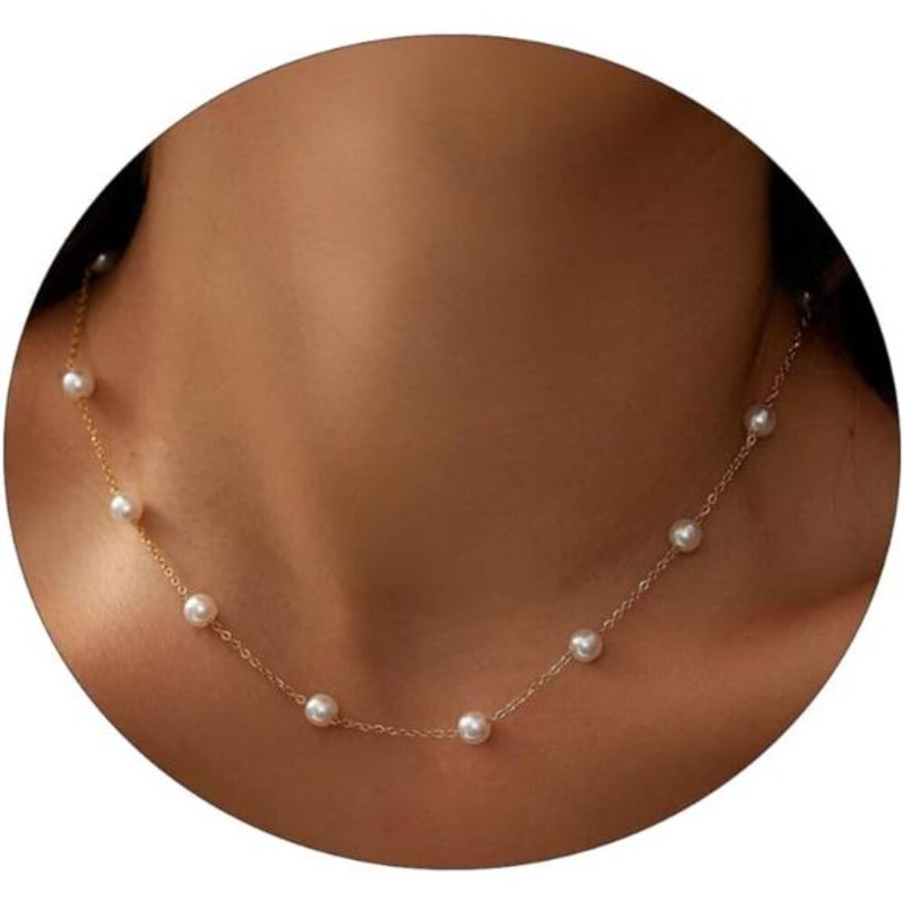 Dainty Pearl Necklaces for Women 14K Gold Plated Chunky Half Pearl Half